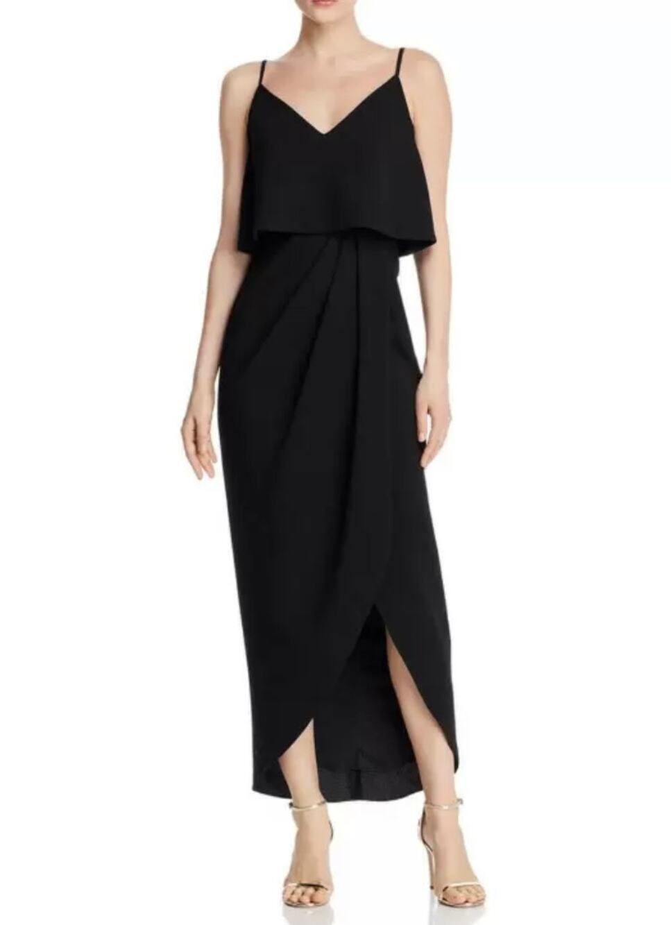 AQUA Black Cocktail Dress Sleeveless Popover V-Neck High-Low Midi Hem Size 8